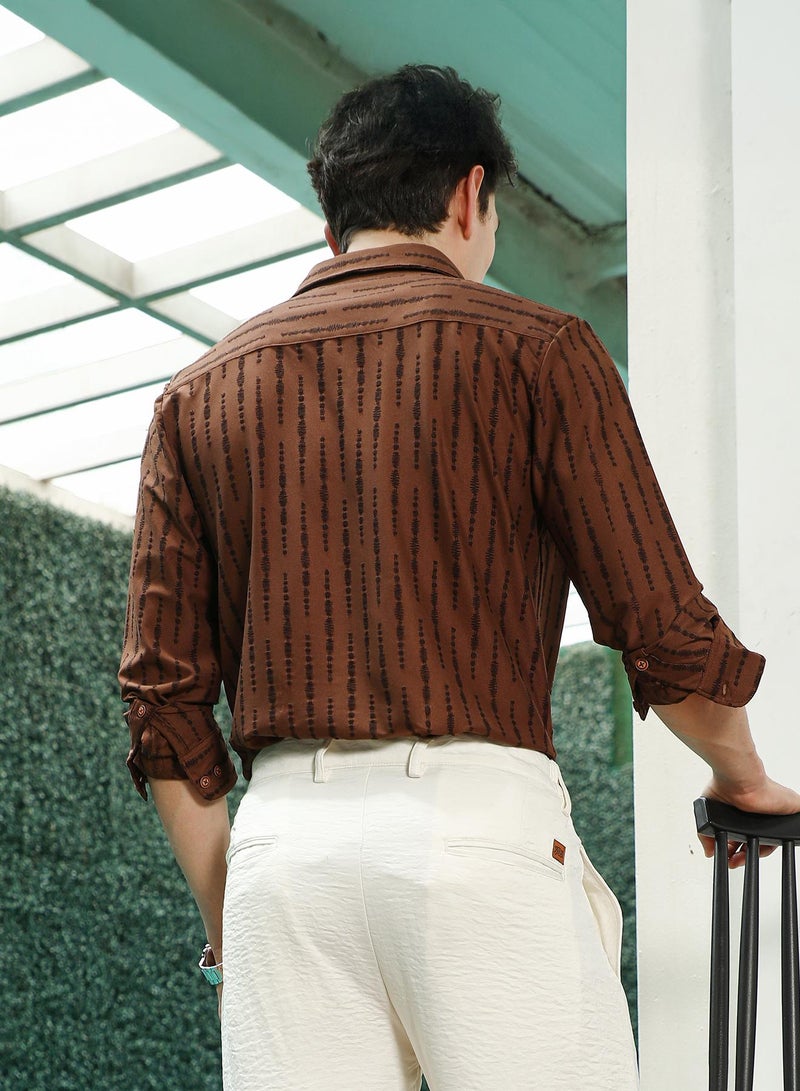 Campus Sutra Men's Brown Linear Pattern Full Sleeve Shirt  - Image 5