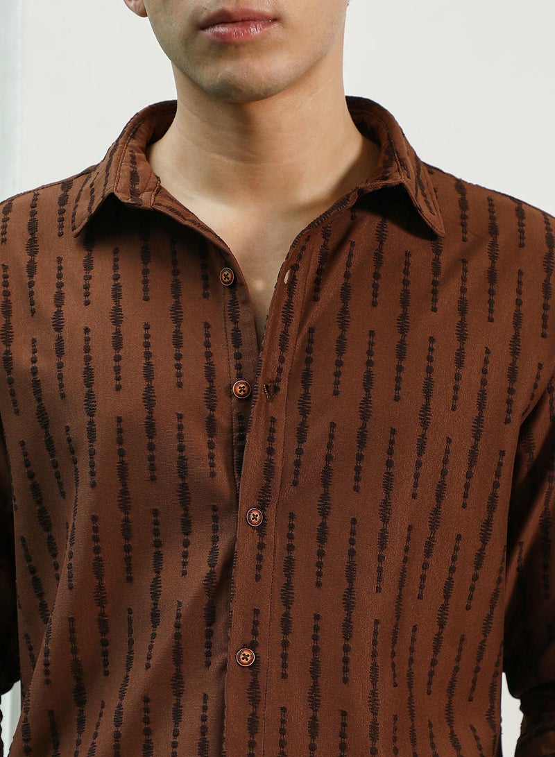Men's Brown Linear Pattern Full Sleeve Shirt