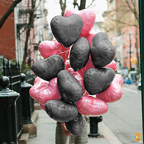 Just Party 5 Pcs Pink & Black 18 Inch Heart Shape Foil Balloons with Shiny Surface For Birthdays/Anniversary/Engagement/Baby Shower/bachelorette Party Decorations (Satin Roll & Straw Included) - Image 4