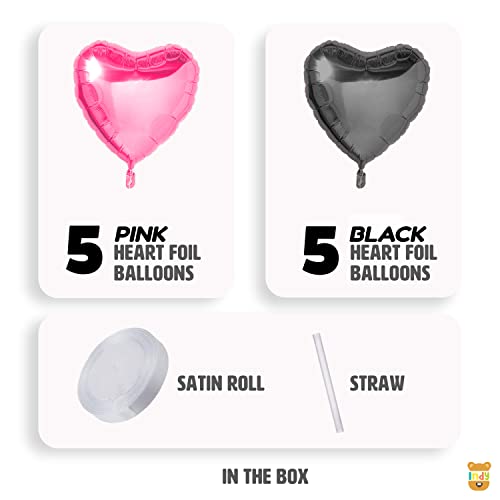 Just Party 5 Pcs Pink & Black 18 Inch Heart Shape Foil Balloons with Shiny Surface For Birthdays/Anniversary/Engagement/Baby Shower/bachelorette Party Decorations (Satin Roll & Straw Included) - Image 2