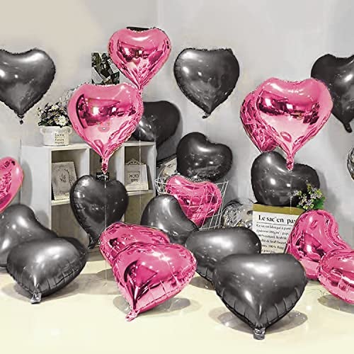 Just Party 5 Pcs Pink & Black 18 Inch Heart Shape Foil Balloons with Shiny Surface For Birthdays/Anniversary/Engagement/Baby Shower/bachelorette Party Decorations (Satin Roll & Straw Included) - Image 1