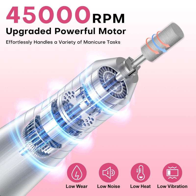 FTOYIN Electric Nail Drill Professional: Rechargeable Nail File with Bits for Acrylic Gel Nails, Professional Nail Drill Manicure Pedicure Polishing Shape Tools for Home Salon (White) - Image 3