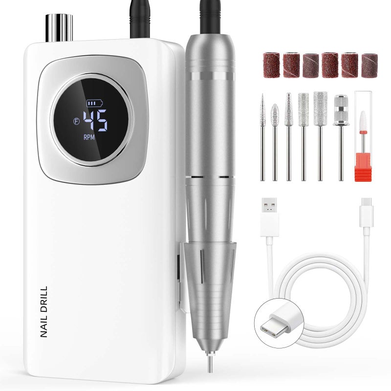 FTOYIN Electric Nail Drill Professional: Rechargeable Nail File with Bits for Acrylic Gel Nails, Professional Nail Drill Manicure Pedicure Polishing Shape Tools for Home Salon (White) - Image 1