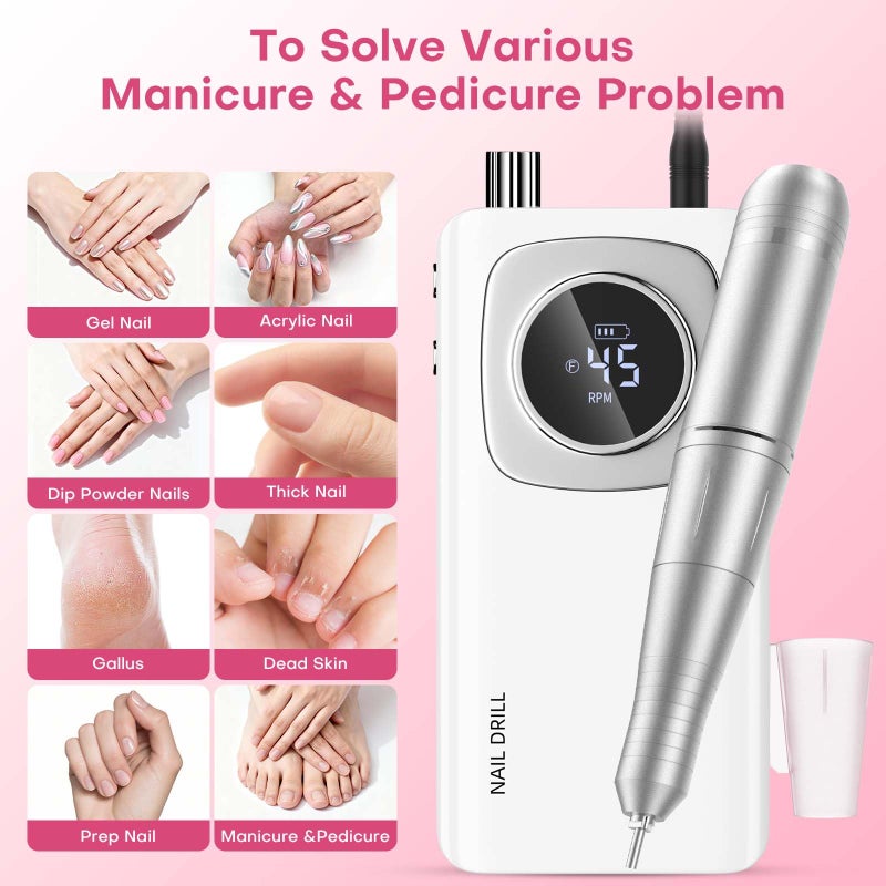 FTOYIN Electric Nail Drill Professional: Rechargeable Nail File with Bits for Acrylic Gel Nails, Professional Nail Drill Manicure Pedicure Polishing Shape Tools for Home Salon (White) - Image 5