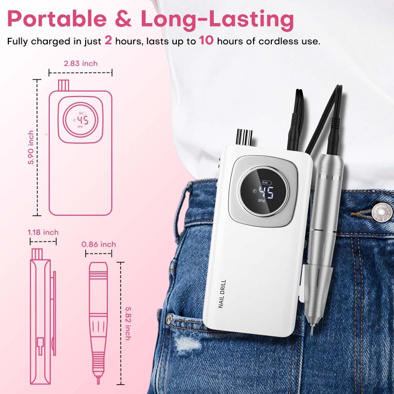 FTOYIN Electric Nail Drill Professional: Rechargeable Nail File with Bits for Acrylic Gel Nails, Professional Nail Drill Manicure Pedicure Polishing Shape Tools for Home Salon (White) - Image 2