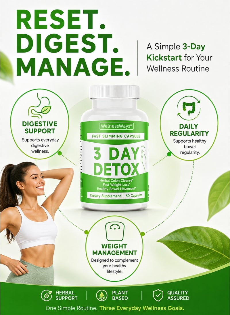 WelnessWays 3 Day Fast Acting Detox Slimming Capsules Herbal Colon Cleanse Rapid Fat Burning 60 Capsules - Image 2