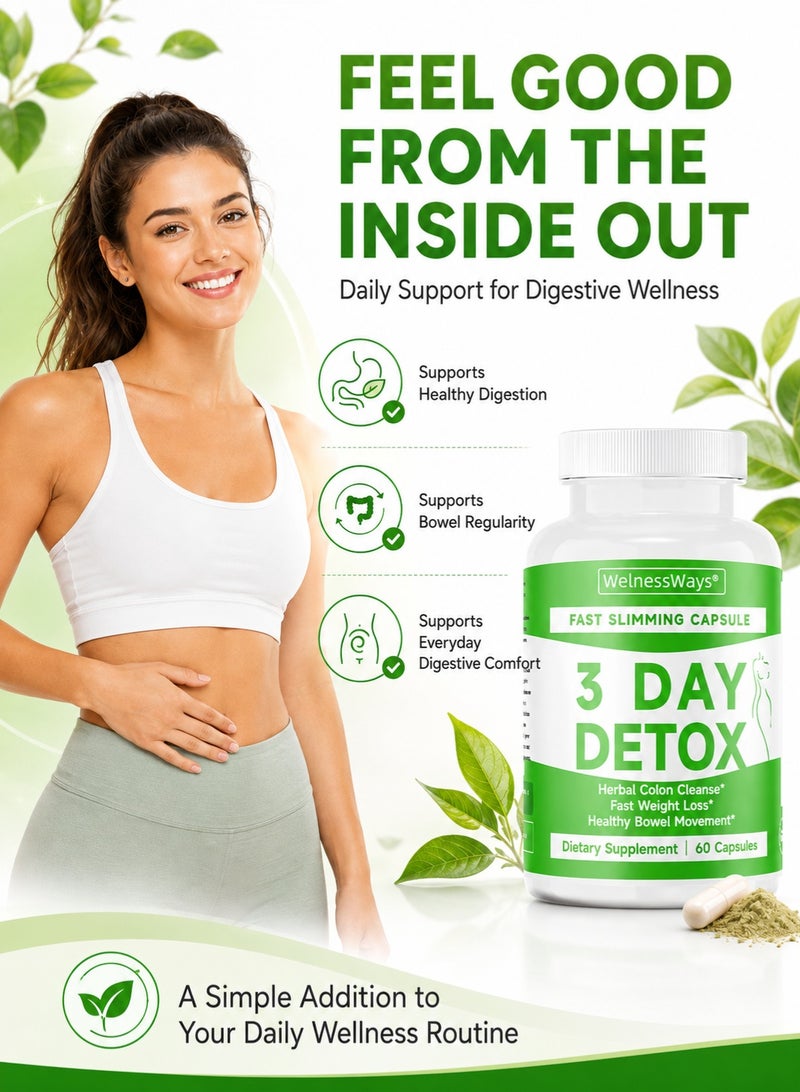 WelnessWays 3 Day Fast Acting Detox Slimming Capsules Herbal Colon Cleanse Rapid Fat Burning 60 Capsules - Image 3