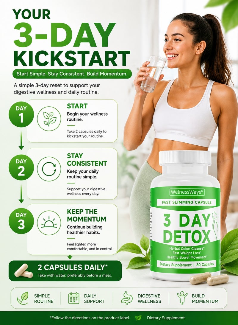 WelnessWays 3 Day Fast Acting Detox Slimming Capsules Herbal Colon Cleanse Rapid Fat Burning 60 Capsules - Image 4