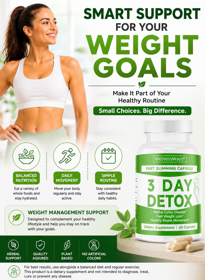 WelnessWays 3 Day Fast Acting Detox Slimming Capsules Herbal Colon Cleanse Rapid Fat Burning 60 Capsules - Image 5