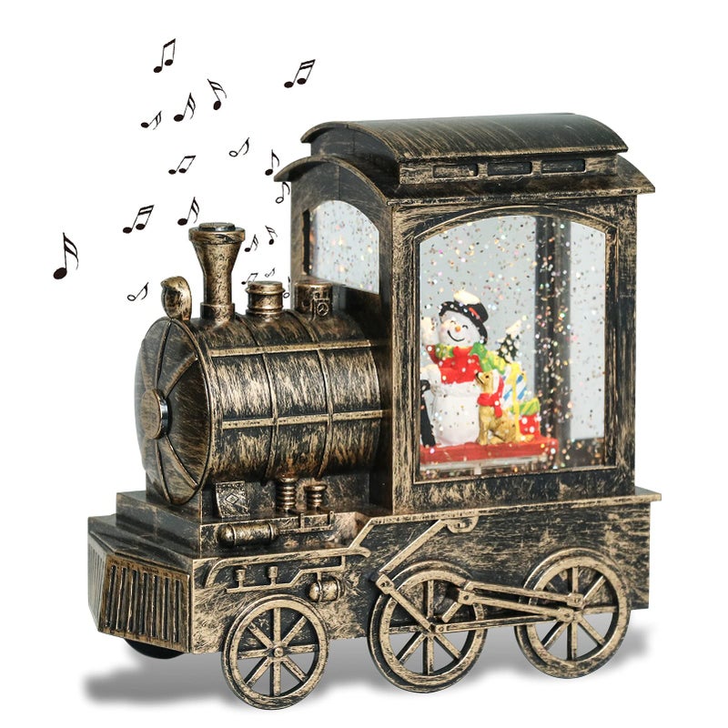 GenSwin Christmas Snow Globe Lantern Train Water Swirling Glitter with 6H Timer Musical LED Lighted Battery Operated Snowman Scene for Christmas Home Decoration and GiftCopper