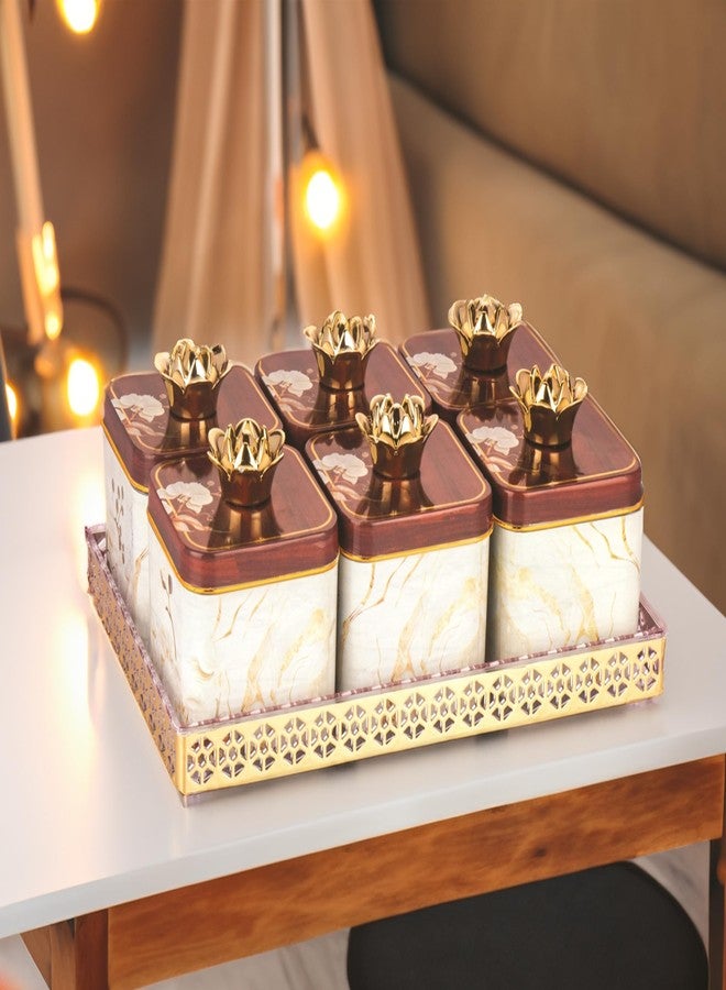 نابيا مجموعة علب تخزين الفواكه المجففة محكمة الإغلاق من نابيا، 6 قطع، مع غطاء وصينية تقديم، صينية تقديم للوجبات الخفيفة والبسكويت وغيرها من الأطعمة الجافة (عبوة من 6 قطع) (أبيض وبني)، 10 × 6 × 4 سم - Image 1