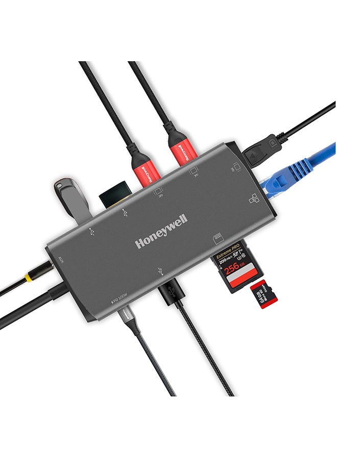 Honeywell 11-in-1 TypeC Multiport Dock With Dual 4K HDMI,DP,RJ45 Ethernet Port,2xUSB 3.0 And TypeC 3.0,3.5 mm Audio Ports,SD And MicroSD Slot,Compatible With Laptop, PC, Dell, HP, Macbook Grey/Black - Image 1