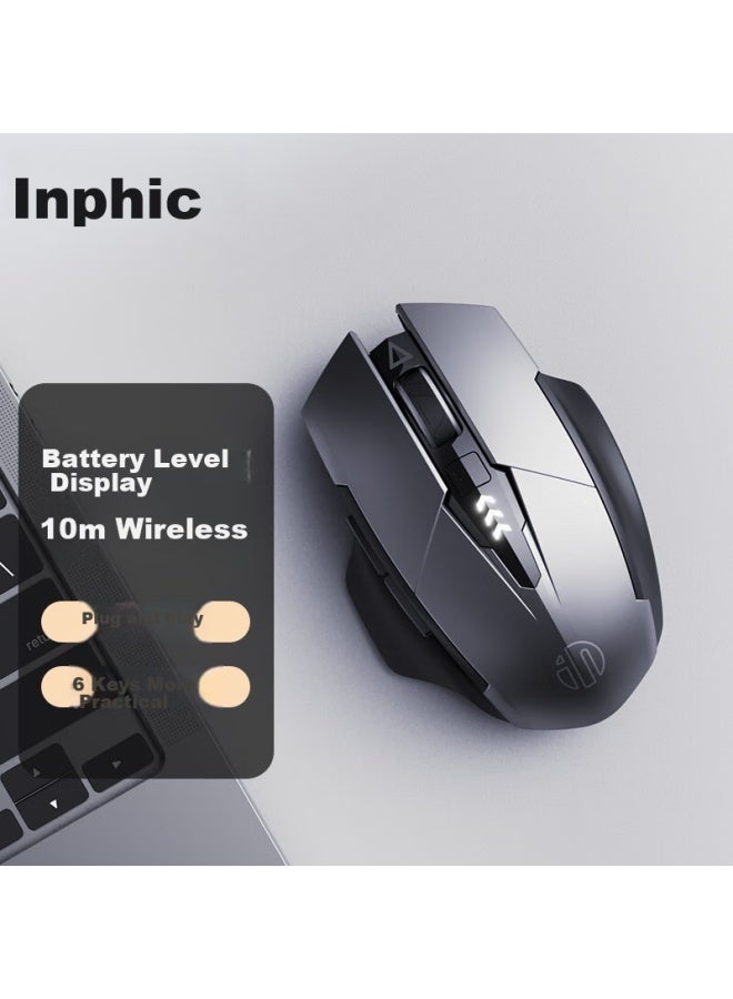 inphic ماوس لاسلكي قابل لإعادة الشحن من الجيل الثاني Pm6، هادئ، مريح، مع عرض مستوى البطارية، متوافق مع أجهزة الكمبيوتر المكتبية والمحمولة، 2.4G عالمي، محمول، رمادي - Image 1