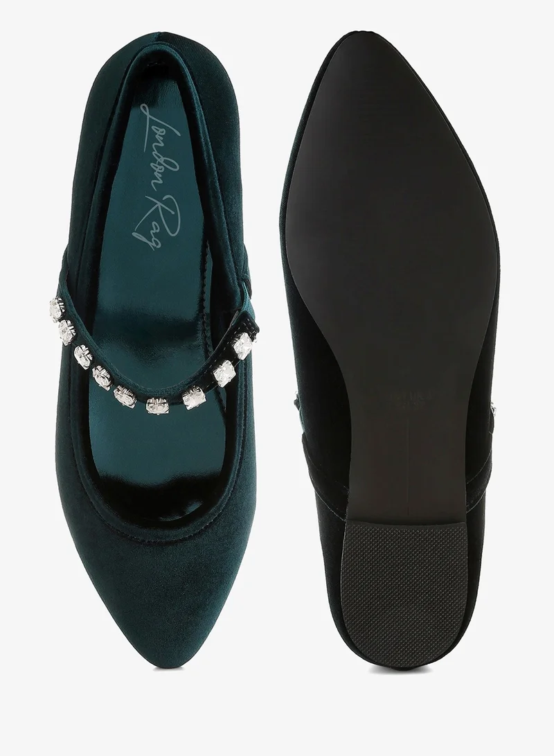 London Rag Dark Green Velvet Mary Jane Ballerinas in Dark Green for Women | Best Price UAE