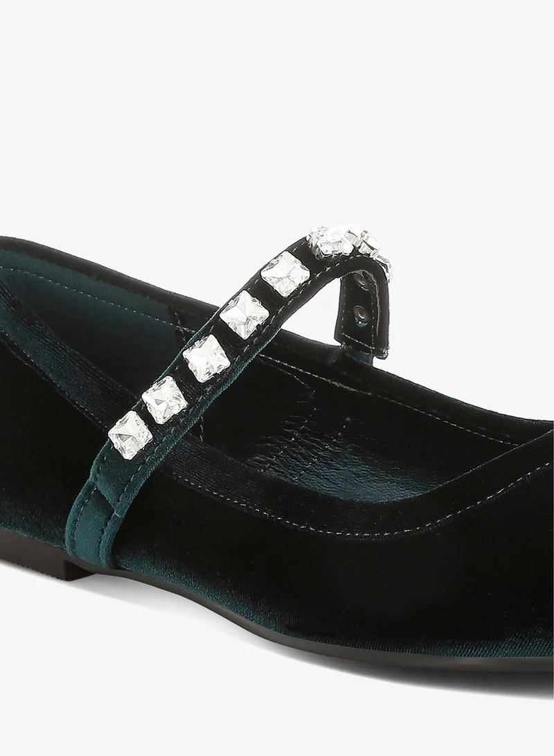 London Rag Dark Green Velvet Mary Jane Ballerinas in Dark Green for Women | Best Price UAE