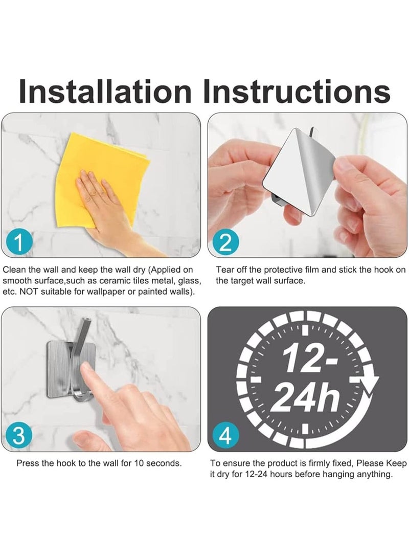 8 Pack Wall Hooks, 304 Stainless Steel Adhesive Hanging Hooks, No-Drill Heavy Duty Waterproof Towel Hook Robe Hanger for Home Kitchen Bathroom Office (Silver / 8pcs) - Image 2