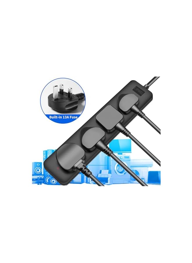 PROMASS UK Extension Lead 4 Way Plug Socket Extender 1 Meter Cord Heavy Duty Power Strip Multi Plug Bar Adapter for Home, Kitchen, Garden (Black) - Image 2