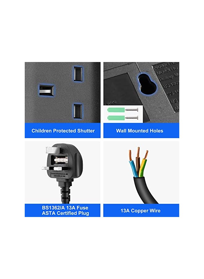 PROMASS UK Extension Lead 4 Way Plug Socket Extender 1 Meter Cord Heavy Duty Power Strip Multi Plug Bar Adapter for Home, Kitchen, Garden (Black) - Image 4