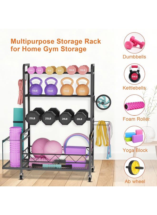 NEYCIL Dumbbell Rack, 4 Tier Weight Rack for Home Gym Storage with 4 Wheels, Side Basket, Large Dumbbell Rack Stand for Kettlebells, Yoga Gear, Strength Training Equipment, Indoor Outdoor - Image 2