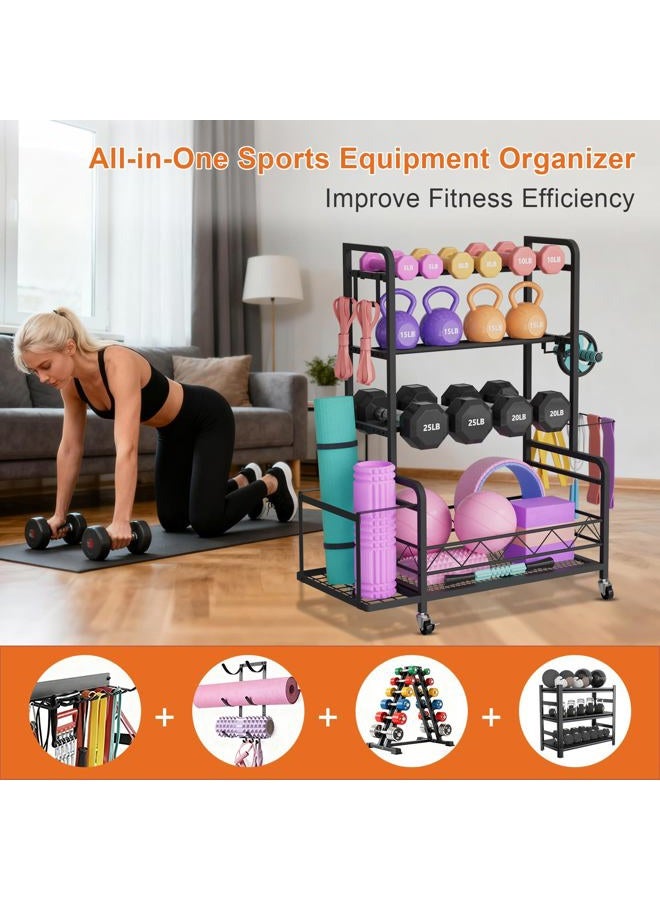 NEYCIL Dumbbell Rack, 4 Tier Weight Rack for Home Gym Storage with 4 Wheels, Side Basket, Large Dumbbell Rack Stand for Kettlebells, Yoga Gear, Strength Training Equipment, Indoor Outdoor - Image 3