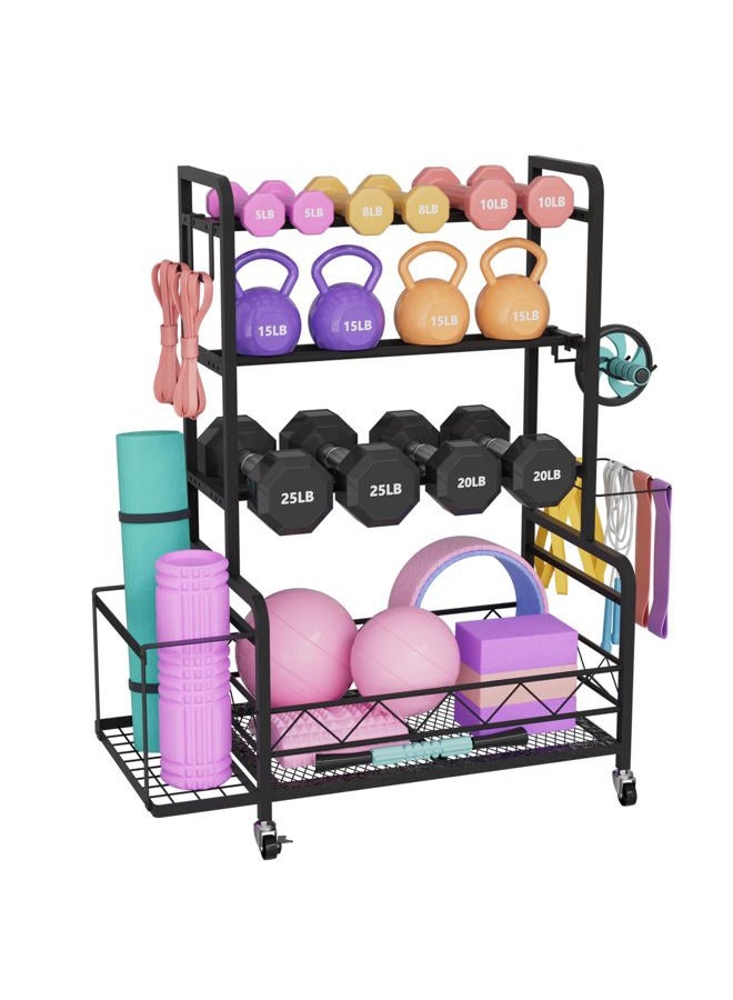 NEYCIL Dumbbell Rack, 4 Tier Weight Rack for Home Gym Storage with 4 Wheels, Side Basket, Large Dumbbell Rack Stand for Kettlebells, Yoga Gear, Strength Training Equipment, Indoor Outdoor - Image 1
