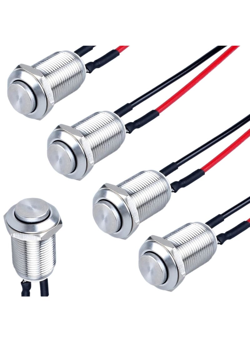 KASTWAVE Momentary Switch, Latching Push, 5 Pcs High Round Head Button Switch, Waterproof Metal Air Horn Push Button, with Pre-soldered Cable Stainless Steel 1NO 12V 24V 36V IP66 Without LED (Silver) - Image 1
