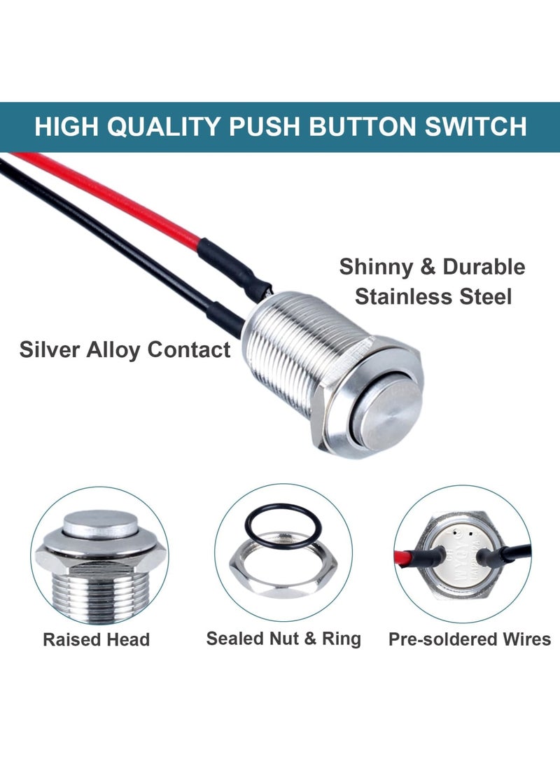 KASTWAVE Momentary Switch, Latching Push, 5 Pcs High Round Head Button Switch, Waterproof Metal Air Horn Push Button, with Pre-soldered Cable Stainless Steel 1NO 12V 24V 36V IP66 Without LED (Silver) - Image 2