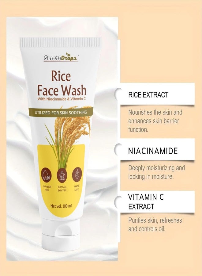 Smartdrops Rice Face Wash Cleanser for Daily Use | Gentle Facial Cleanser with Rice Extract | Mild Foaming Face Wash for Men & Women | Suitable for All Skin Types- 100ml (Pack 1) - Image 2