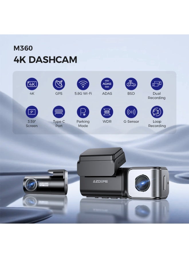 أزدوم كاميرا سيارة بدقة 4K و2K مع واي فاي 5G ونظام تحديد المواقع GPS، تشمل بطاقة ذاكرة 64 جيجابايت، كاميرا مزدوجة للسيارة، تحكم صوتي، رؤية ليلية، تسجيل أثناء الركن لمدة 24 ساعة، صندوق أسود للسيارة، ADAS، BSD، ومنفذ Type C - Image 2