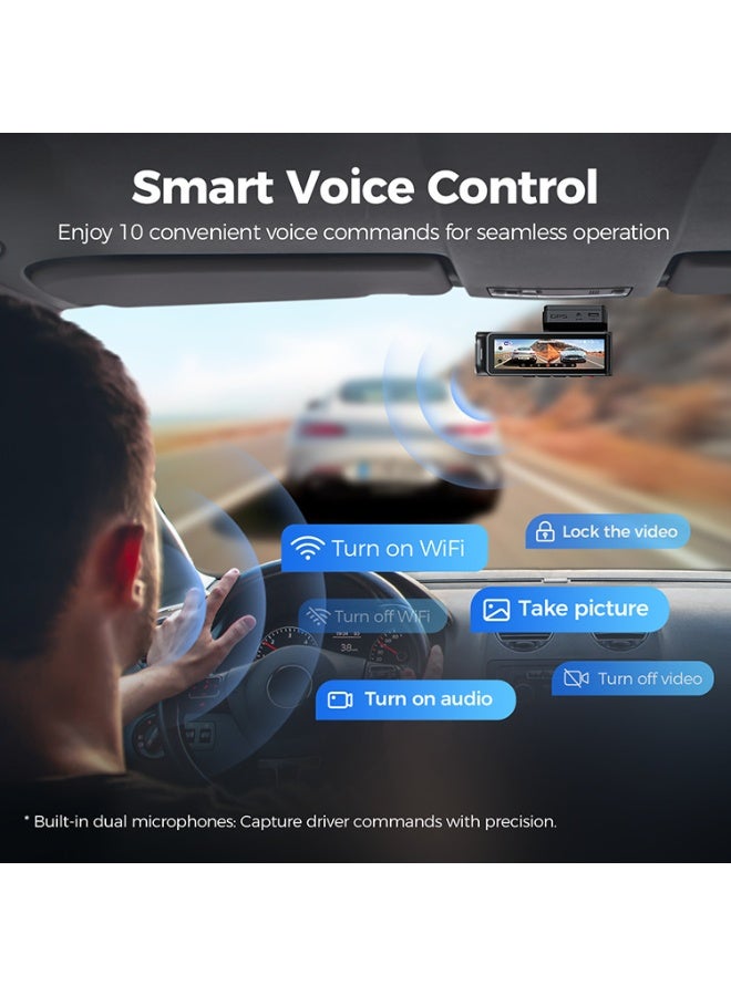 أزدوم كاميرا سيارة بدقة 4K و2K مع واي فاي 5G ونظام تحديد المواقع GPS، تشمل بطاقة ذاكرة 64 جيجابايت، كاميرا مزدوجة للسيارة، تحكم صوتي، رؤية ليلية، تسجيل أثناء الركن لمدة 24 ساعة، صندوق أسود للسيارة، ADAS، BSD، ومنفذ Type C - Image 3