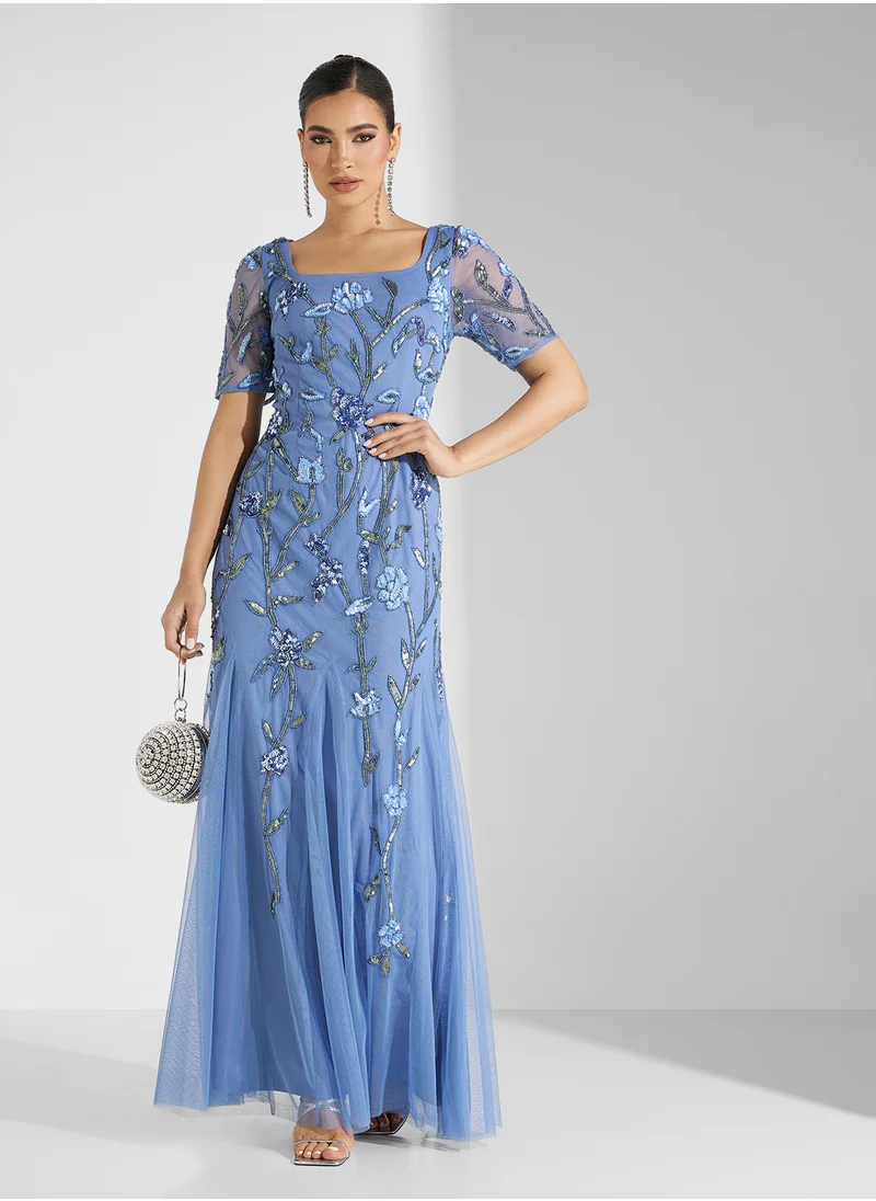 Adrianna Papell Beaded Mesh Long Dress