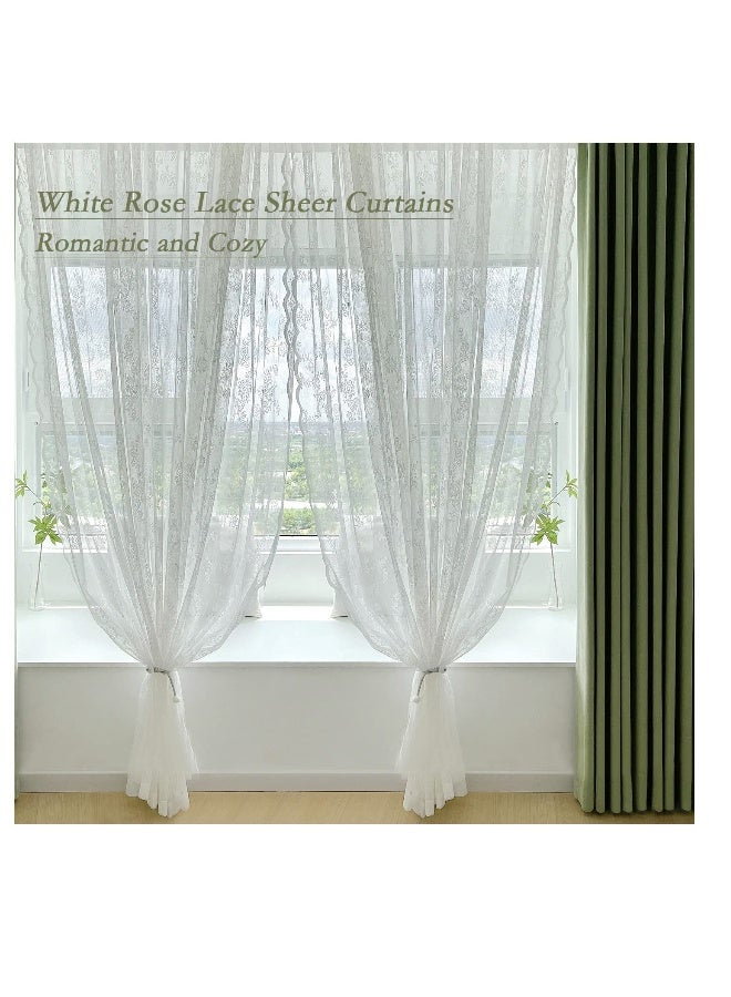 White Lace Curtains for Bedroom, Semi Sheer Lace Curtains, Vintage French Embroidered Floral Embroidered Sheer Curtains, Durable Rose Lace Fabric, Curtains Top with Grommet (2 Pcs, 145*244 cm)  - Image 3