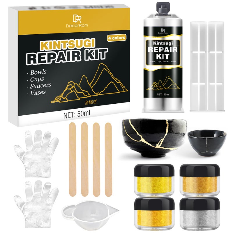 Kintsugi Repair Kit Food Safe Kintsugi Kit Repairs Broken Ceramics Glass Jade Sculptures Meaningful Pottery Gold Kintsugi Glue for Ceramics and Porcelain Repair Japanese Art Kintsugi Craft