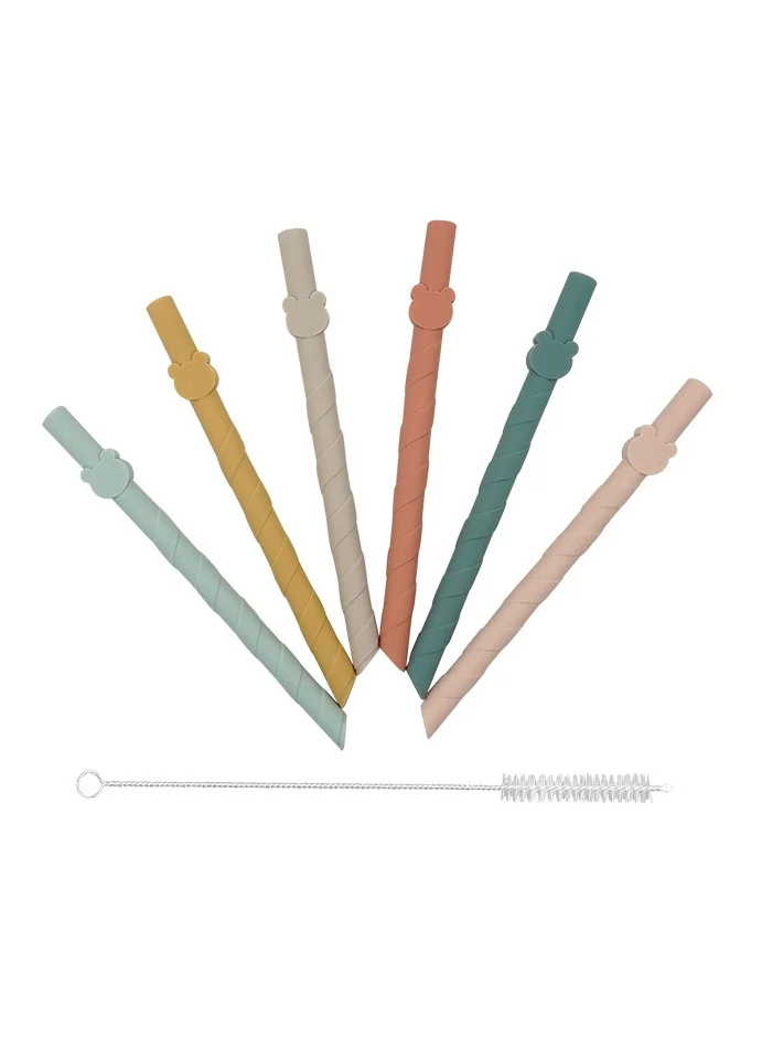 Babies Basic Reusable Multi Color Environment Friendly Silicone Straws - Pack of 6 with Straw Cleaner