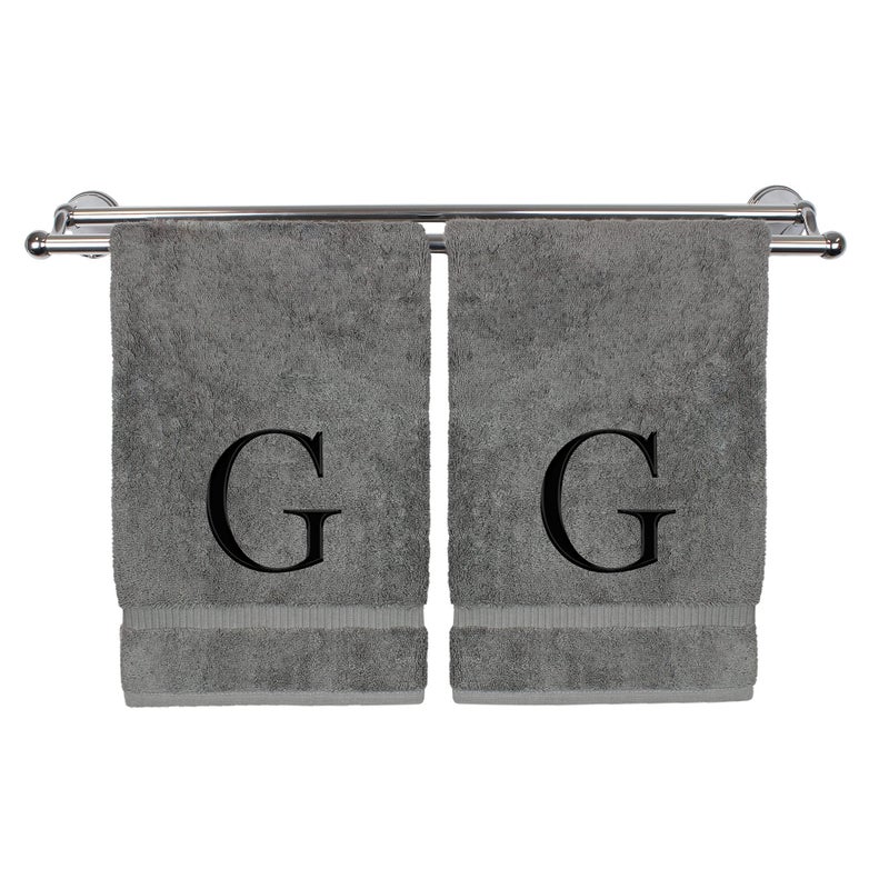 BC BARE COTTON Monogrammed Hand Towel  Personalized Gift  Set of 2- Black Block Letter Embroidered Towel - Extra Absorbent 100% Turkish Cotton - Soft Terry Finish - Initial G Gray - Image 1
