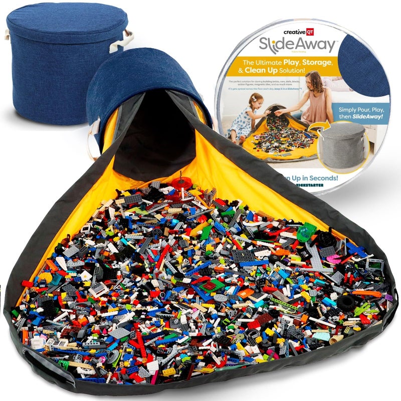 Creative QT SlideAway Toy Storage Organizer & Extra Large 52" Play Mat, Collapsible Storage Bins for Building Bricks, Small Blocks, Toys, Drawstring Cleanup for Kids Playroom & Classroom, Blue - Image 1