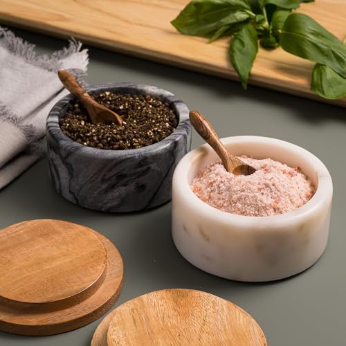 Cork & Mill Marble Salt and Pepper Bowls - Set of 2 Handcrafted White/Grey Solid Marble Salt and Pepper Cellars with Lids and Spoons - Elegant Containers for Countertop or Table - Image 4