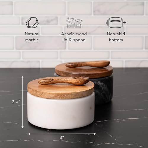 Cork & Mill Marble Salt and Pepper Bowls - Set of 2 Handcrafted White/Grey Solid Marble Salt and Pepper Cellars with Lids and Spoons - Elegant Containers for Countertop or Table - Image 3