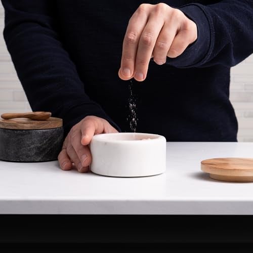 Cork & Mill Marble Salt and Pepper Bowls - Set of 2 Handcrafted White/Grey Solid Marble Salt and Pepper Cellars with Lids and Spoons - Elegant Containers for Countertop or Table - Image 2
