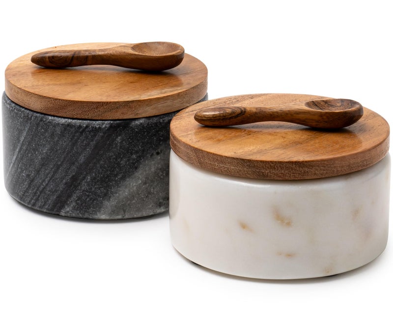 Cork & Mill Marble Salt and Pepper Bowls - Set of 2 Handcrafted White/Grey Solid Marble Salt and Pepper Cellars with Lids and Spoons - Elegant Containers for Countertop or Table - Image 1