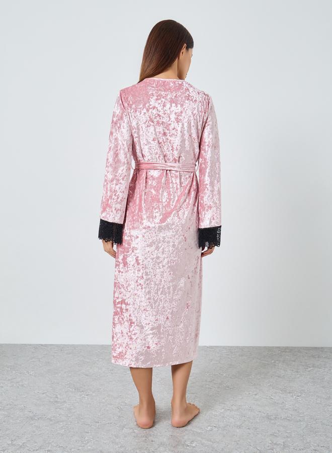 Styli Crushed Velvet Contrast Lace Trim Robe - Image 4