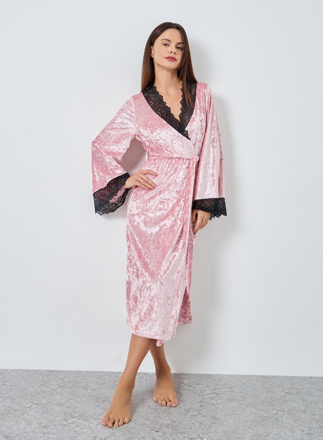 Styli Crushed Velvet Contrast Lace Trim Robe - Image 1