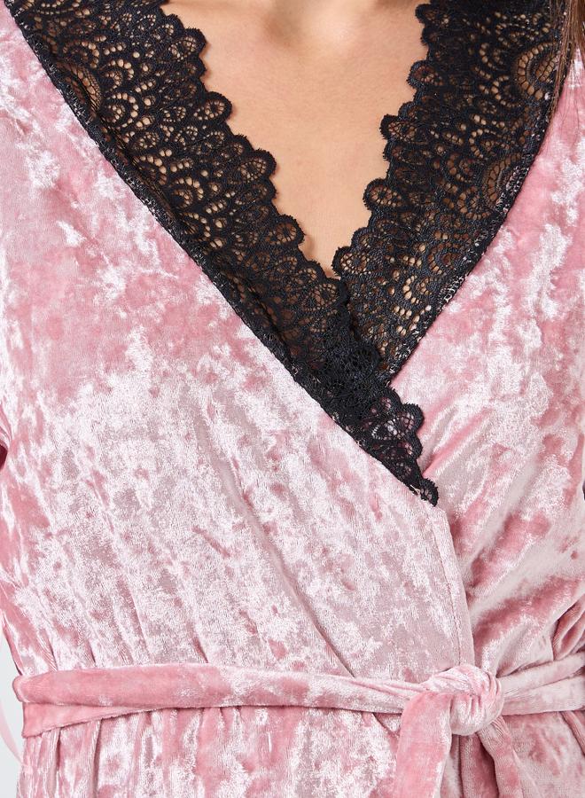 Styli Crushed Velvet Contrast Lace Trim Robe - Image 3