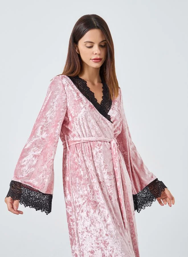 Styli Styli Crushed Velvet Contrast Lace Trim Robe