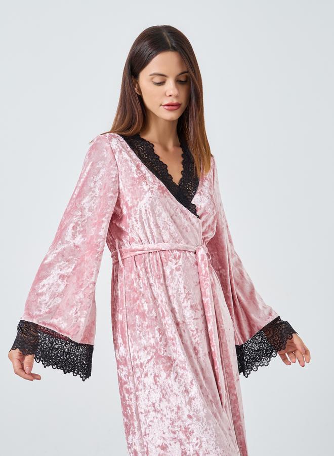 Styli Crushed Velvet Contrast Lace Trim Robe - Image 2