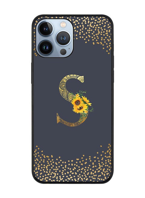 Rugged Black edge case for Apple iPhone 13 Pro Max Slim fit Soft Case Flexible Rubber Edges Anti Drop TPU Gel Thin Cover - Custom Monogram Initial Letter Floral Pattern Alphabet - S (Grey )