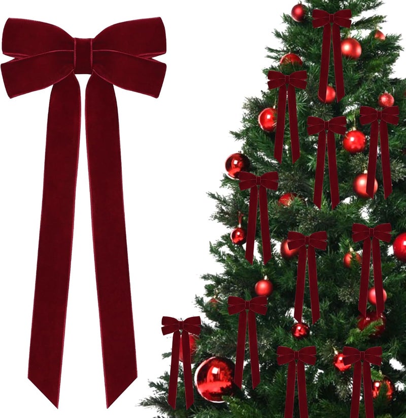 Hongsome 12Pcs Burgundy Velvet Ribbon Bows Christmas Tree Decorations,5in x 10in Xmas Ornaments for Tree Home Party Front Door Wreath Garland Holiday Decor - Image 1