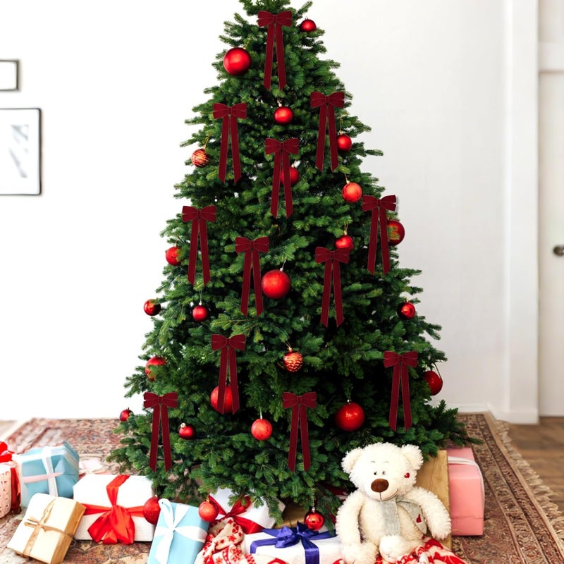 Hongsome 12Pcs Burgundy Velvet Ribbon Bows Christmas Tree Decorations,5in x 10in Xmas Ornaments for Tree Home Party Front Door Wreath Garland Holiday Decor - Image 4