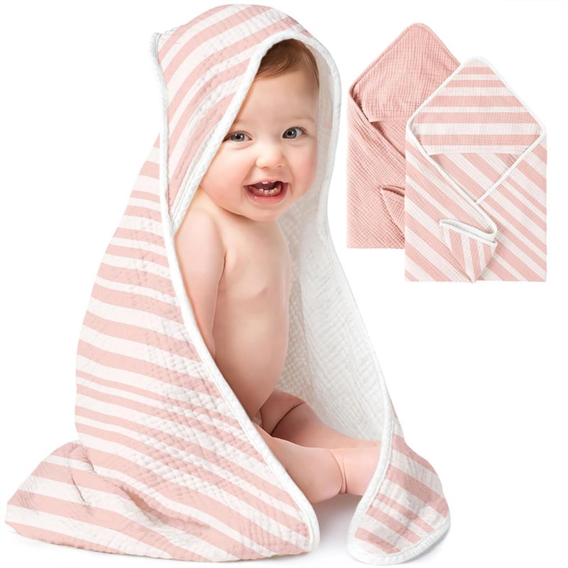 Konssy 2Pack Muslin Hooded Baby Towels 100 Cotton UltraSoft Absorbent Baby Bath Towels with Hood for Newborn Infant Pink Stripe 32 x 32 - Image 2
