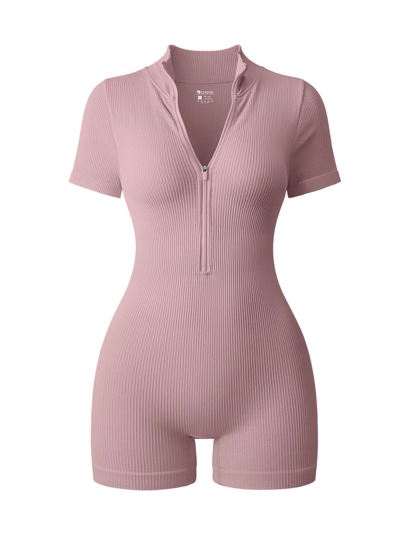 OQQ Women Rompers Ribbed Short Sleeve Zip Front Stretch Tummy Control Yoga Workout Rompers Hide pink - Image 1